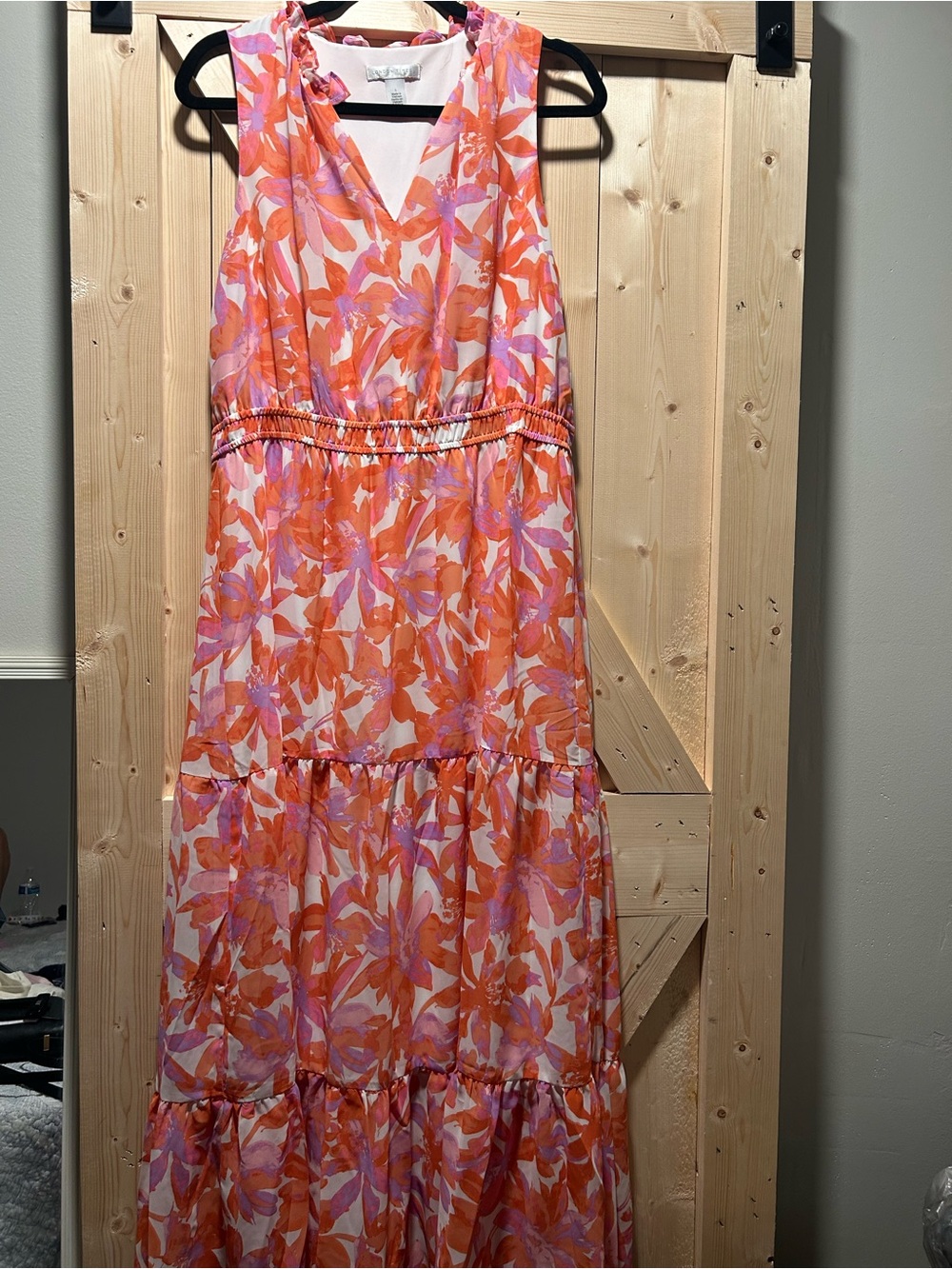 London Times Sleeveless V-Neck Floral Maxi Dress in Orange, Pink, and White
